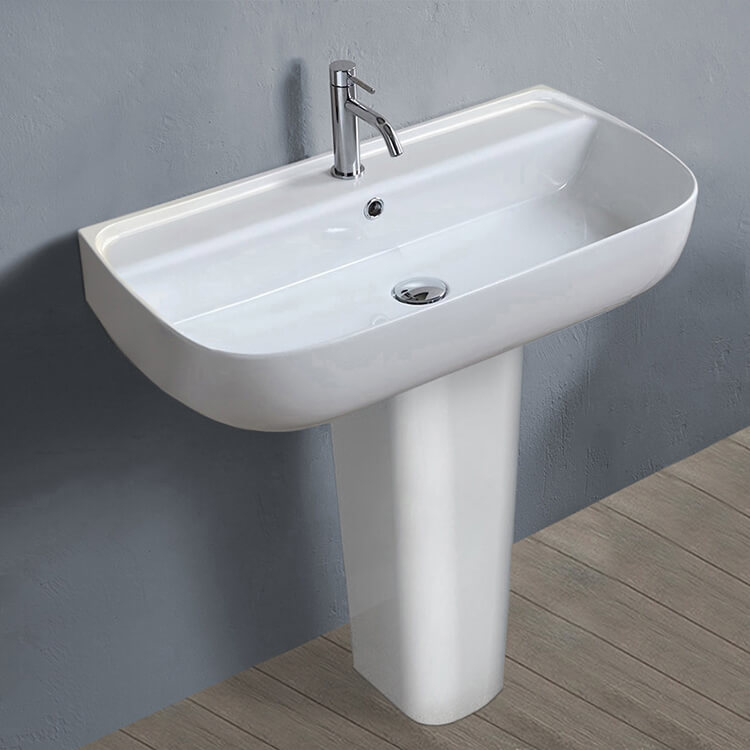 Bathroom Sink, CeraStyle 078700U-PED, Rectangular White Ceramic Pedestal Sink